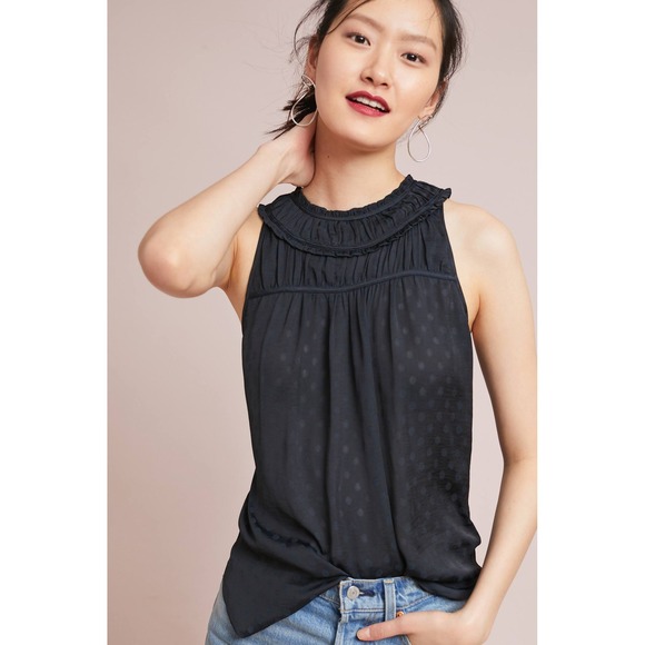Maeve Tops - Maeve Anthropologie Blouse 8 Navy Blue Clip Dot Ruffle Sleeveless Clovis Top